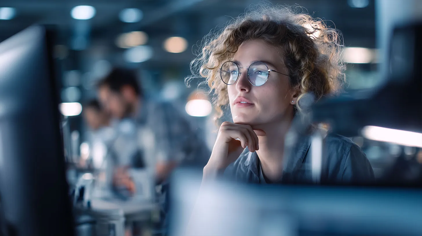 Femme concentrée devant un ordinateur.