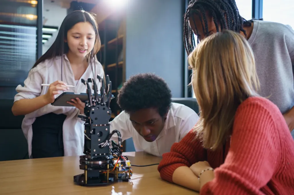 Étudiants travaillant sur un robot.
